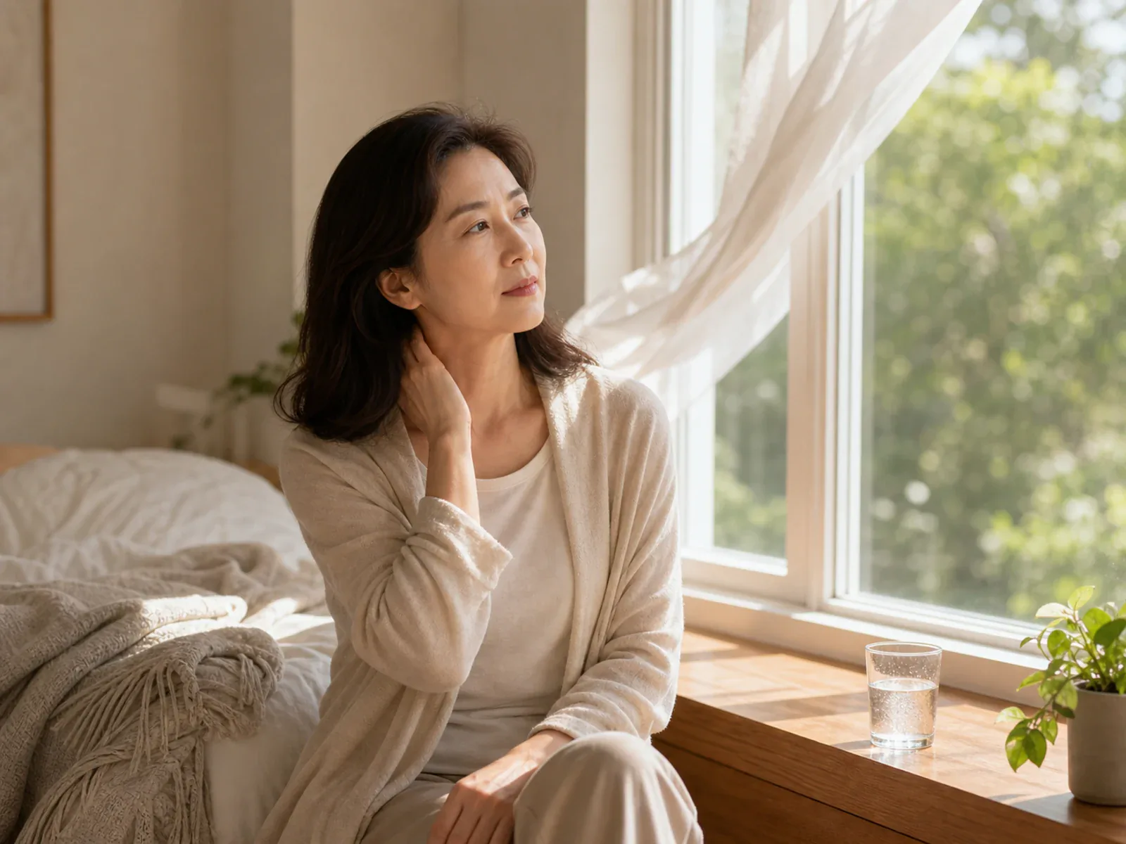 象征萤仁斋韩医院更年期综合征潮热与睡眠变化的女性休息场景