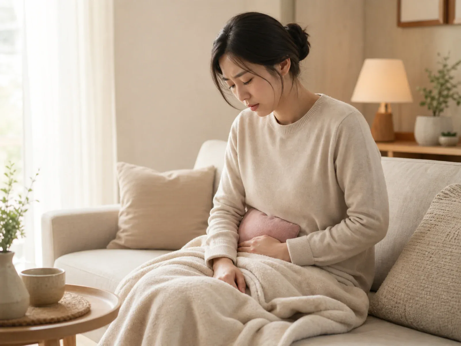 象征萤仁斋韩医院早期绝经、月经周期变化与下腹部状态管理的女性休息场景