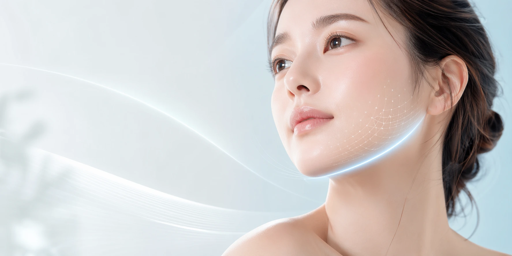 一位女性的图片，展示了 UMS Facial 提升下颌线和面部轮廓的效果。