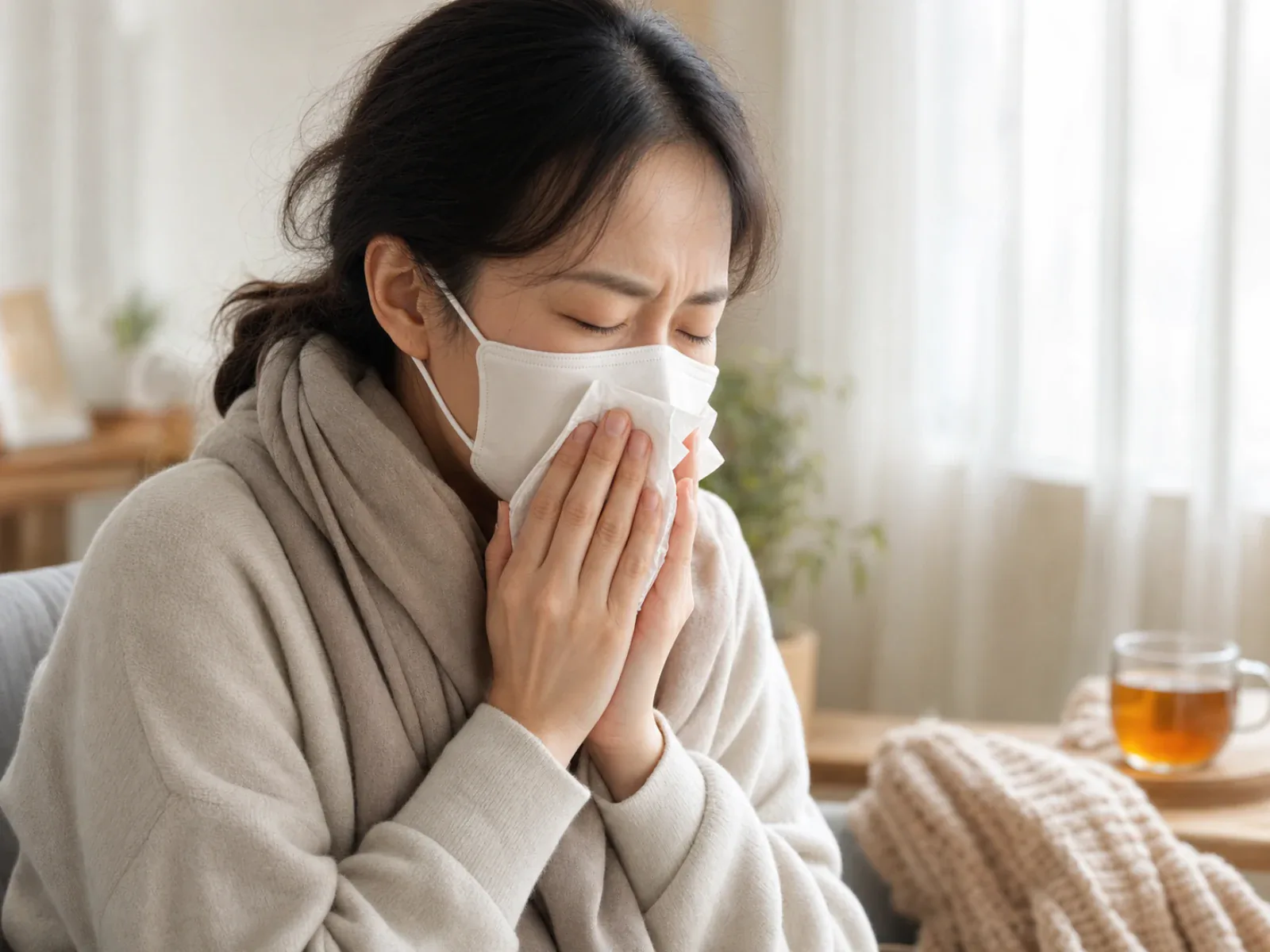 象征萤仁斋韩医院呼吸系统疾病及咳嗽、鼻炎、咽喉不适调理的佩戴口罩女性休息场景
